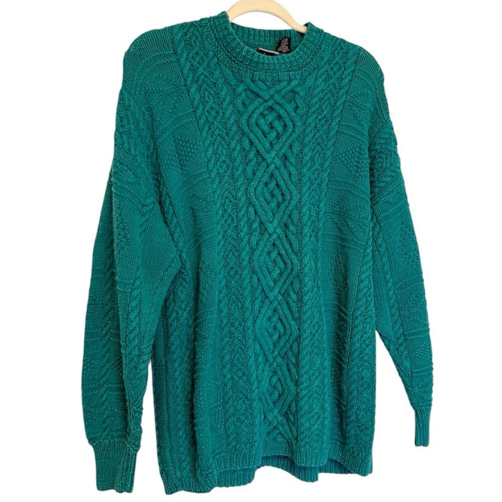 Vtg Paul et Duffier Green Teal Cable Knit Sweater Cozy 90s Y2K Grandpa Large